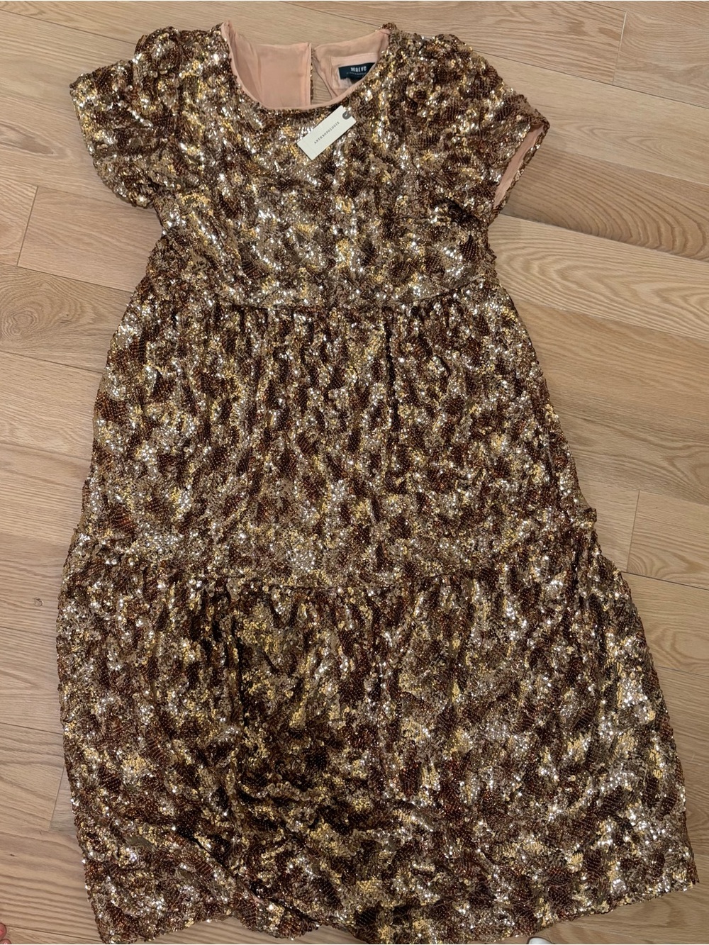 Anthropologie Metallic Gold and Brown Sequin Tiered Dress